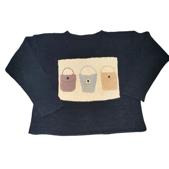 Vintage Black Knit Bucket Bag Sweater Cute Pockets Small Preppy Garden Classic - Picture 1 of 10